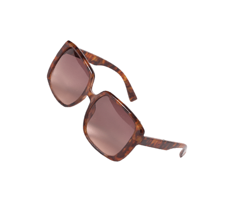 Gafas de sol con montura cuadrada de estilo carey y lentes tintadas en tono marr n. Descripci n generada con IA