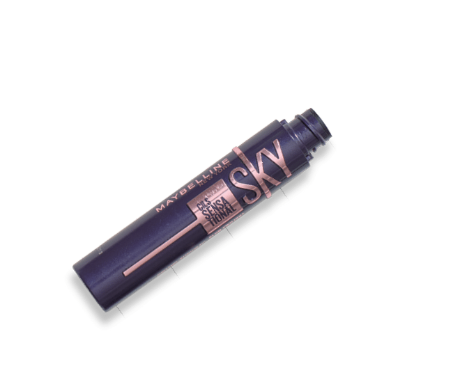 Un tubo de m scara de pesta as Maybelline Lash Sensational Sky en color negro con detalles en rosa met lico. Descripci n generada con IA